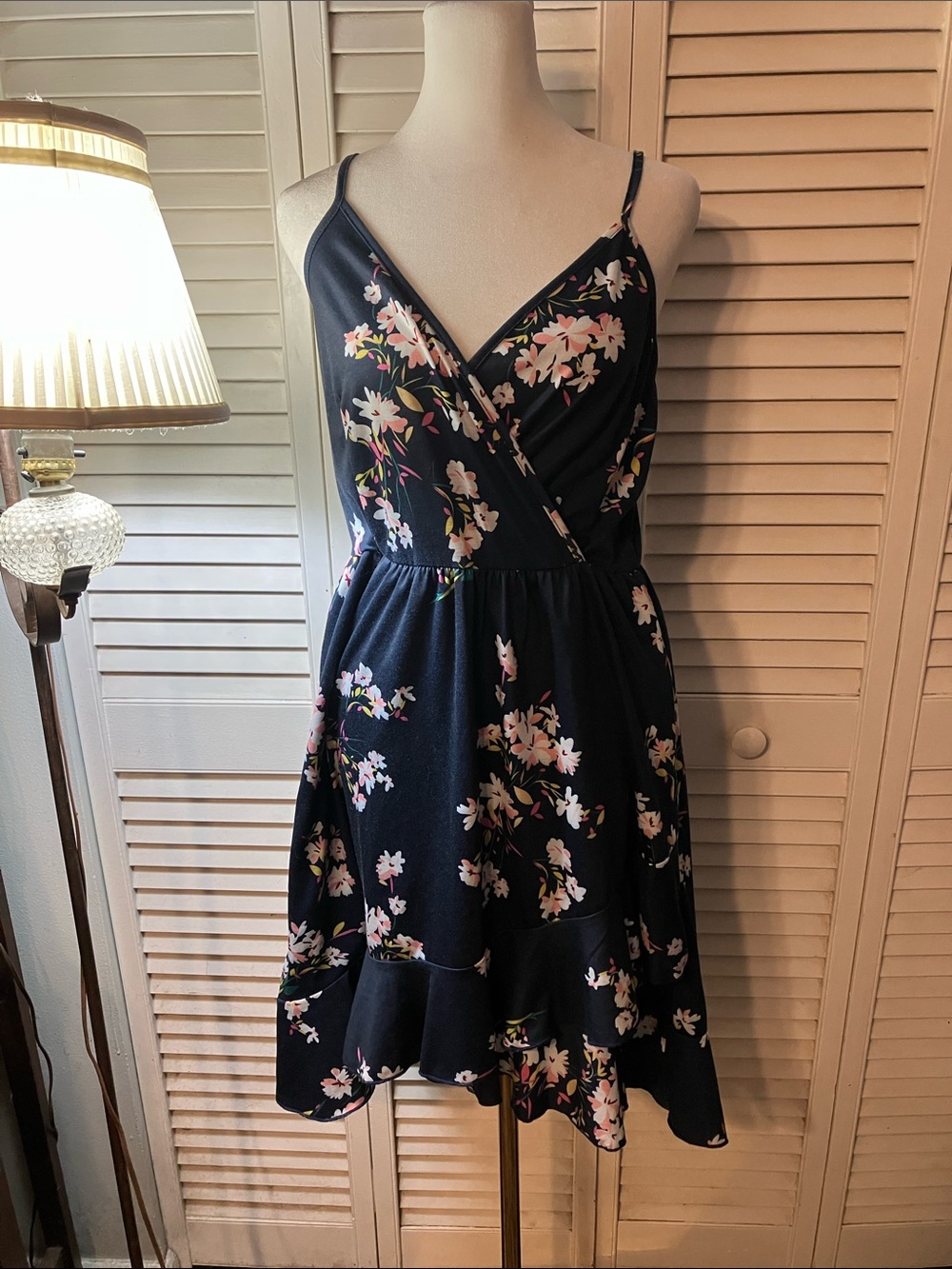 Navy Floral High-Low Spaghetti Strap Dress